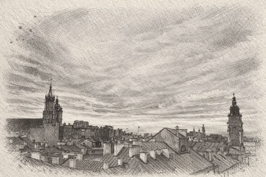 Szkic ołówkiem: panorama Krakowa z wieżami kościołów